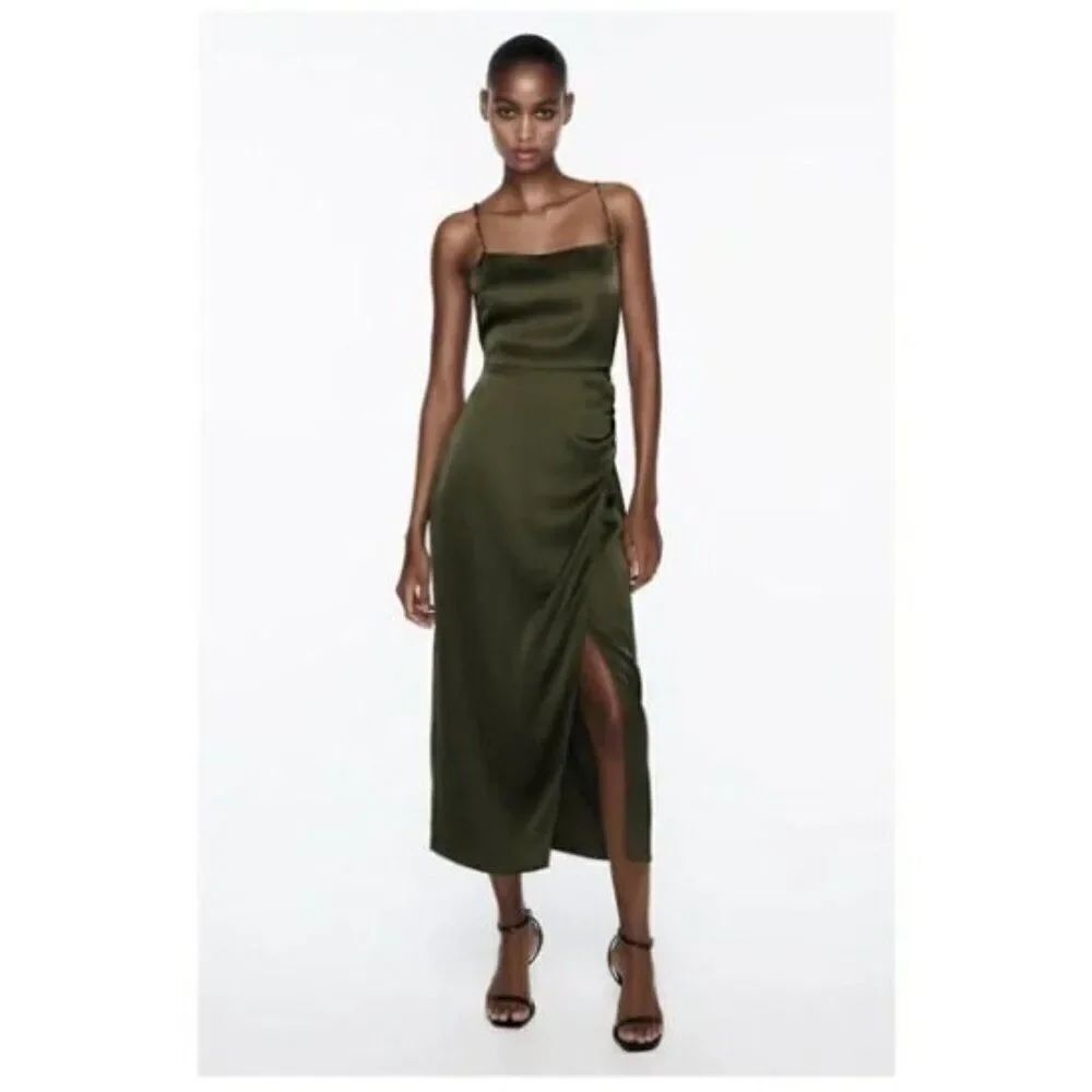 Zara Womens Satin Effect Beaded Slip Midi Dress XXL Green Khaki 8351/232 NWOT